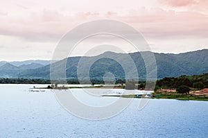 Camping at Blue lake of Yang Chum Water reservior evening summer sky - Thailand