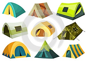 Camping tents cartoon icons set. Sport and travel touristic marquees, houses for outdoor recreation and hiking adventure