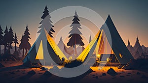 Camping tents in the forest at night, 3D illustration