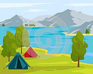 Camping tents near the lake and mountains.