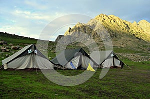 Camping tents near the lakes at the Kashmir Great Lakes trek