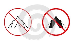 Camping And Tents Not Allowed, Tourist Shelter Warning Sign Set. Tourism Prohibit Line and Silhouette Icons. Campsite