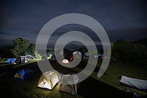 Camping tents under star and sky