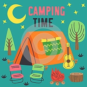 Camping time poster with a tent in night