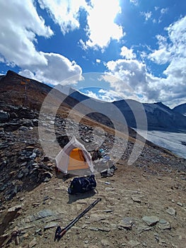 Camping on the top of Barrhorn above most of the glaciers like Brunegg glacier and Weisshorn in Swiss Alps, Wallis, Switzerland