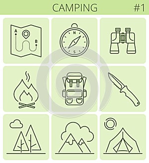 Camping and tourism line symbols. Vector thin outline icon set.