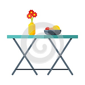 Camping Tourist Table with Dish of Fresh Fruits and Vase with Red Flowers, Hiking Folding Furniture Flat Vector