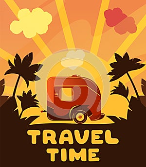 Camping trailer on orange sunset background with palm trees. Travel illustration