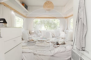 Camping in a trailer, rv bedroom interior, nobody