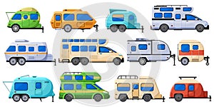 Camping trailers, tourism road home, rv cars and camper vehicles. Road trucks, outdoor vacation caravan cars vector flat