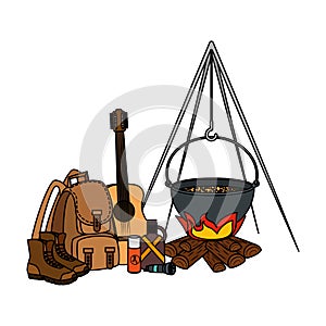 camping travel bag with woodfire and equipment
