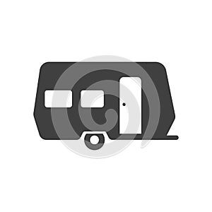 Camping, travel or camper trailer, caravan bold black silhouette icon isolated on white. Campervan. photo