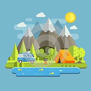 Camping Travel Flat Landscape with RV Camper