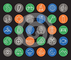 Camping and travel linear icons set