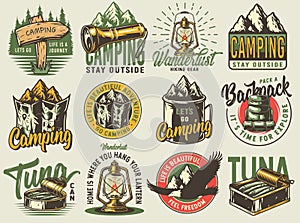 Camping travel outdoor adventure wild emblems set