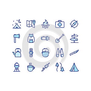 Camping, travel and picnic flat line icons set. Tent, compasses, mountain and other camping equipment. Simple flat vector