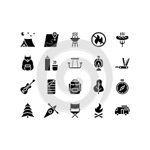 Camping, travel and picnic icons set. Line style icons for web and ui design. Contains such as tent, compasses, mountain and other