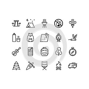 Camping, travel and picnic icons set. Line style icons for web and ui design. Contains such as tent, compasses, mountain and other