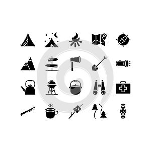 Camping, travel and picnic icons set. Line style icons for web and ui design. Contains such as tent, compasses, mountain and other