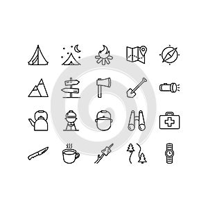 Camping  travel and picnic icons set. Line style icons for web and ui design. Contains such as tent  compasses  mountain and other