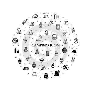 Camping, travel and picnic icons set. Line style icons for web and ui design. Contains such as tent, compasses, mountain and other