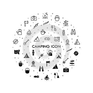 Camping, travel and picnic icons set. Line style icons for web and ui design. Contains such as tent, compasses, mountain and other