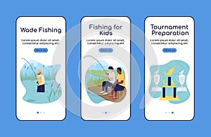Camping trip with fishing onboarding mobile app screen flat vector template