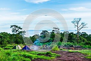 Camping in the tropical forest, motorcycle touring at Phu Hin Rong Kla National park. Phitsanulok province, Thailand. Motorcycle