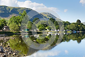 Camping Ullswater Lake District Cumbria England UK with mountains and blue sky on beautiful day