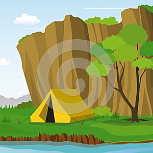 Camping Under the Cliff in Summer Day Vector Illustration