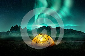 Camping Under Dancing Green Aurora Northern Lights