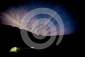Camping under stars in mountains