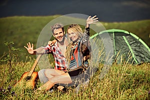 Camping vacation. Camping in mountains. Family travel. Love concept. Hiking romance. Couple in love happy relaxing