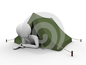 Camping, vacation: man crowling out from the tent