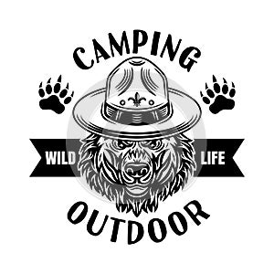 Camping vector emblem or logo with scout bear