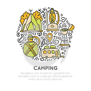 Camping vector hand draw concept, tent, lamp, caravaning rv icons in circle form with decorative elements. Sketched