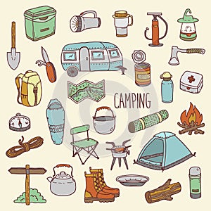 Camping vector hand drawn colorful icon set