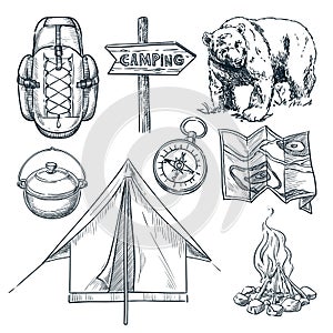 Camping vector sketch illustration. Camp stuff design elements isolated on white background