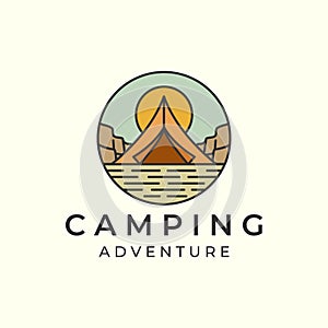 camping with vintage color logo vector illustration. tent, mountain adventure icon template design