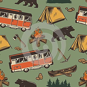 Camping vintage colorful seamless pattern