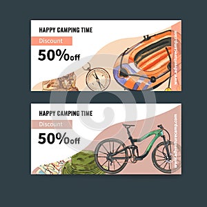 Camping voucher design with boat, compass, backpack, bicycle watercolor illustration