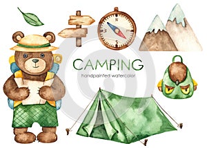 Camping watercolor set with cute bear traveler, tent, pointer, compass, backpack