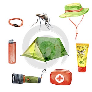 Camping watercolor set - tent, flashlight, first aid kit, hat, mosquito, mosquito repellent, lighter, carbine