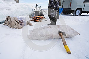Camping in winter at frozen lake Baikal, Siberia