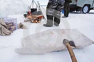 Camping in winter at frozen lake Baikal, Siberia