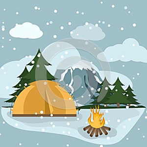 Camping winter hiking adventure tourist landscape with tent mountains nature hike flat design vector illustration.