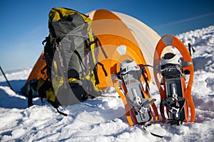 Camping during winter hiking in Carpathian mountains