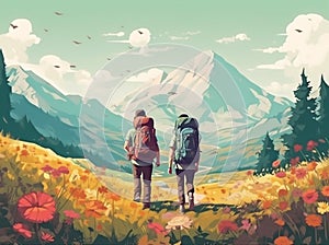 camping woman man nature forest balefire tent hike illustration vacation couple person. Generative AI.