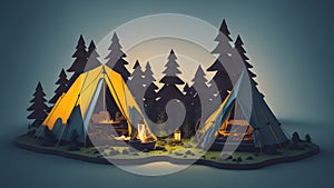 Camping in the woods. 3D illustration, Vintage style