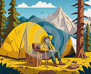 Camping with yellow tent. Generative Ai